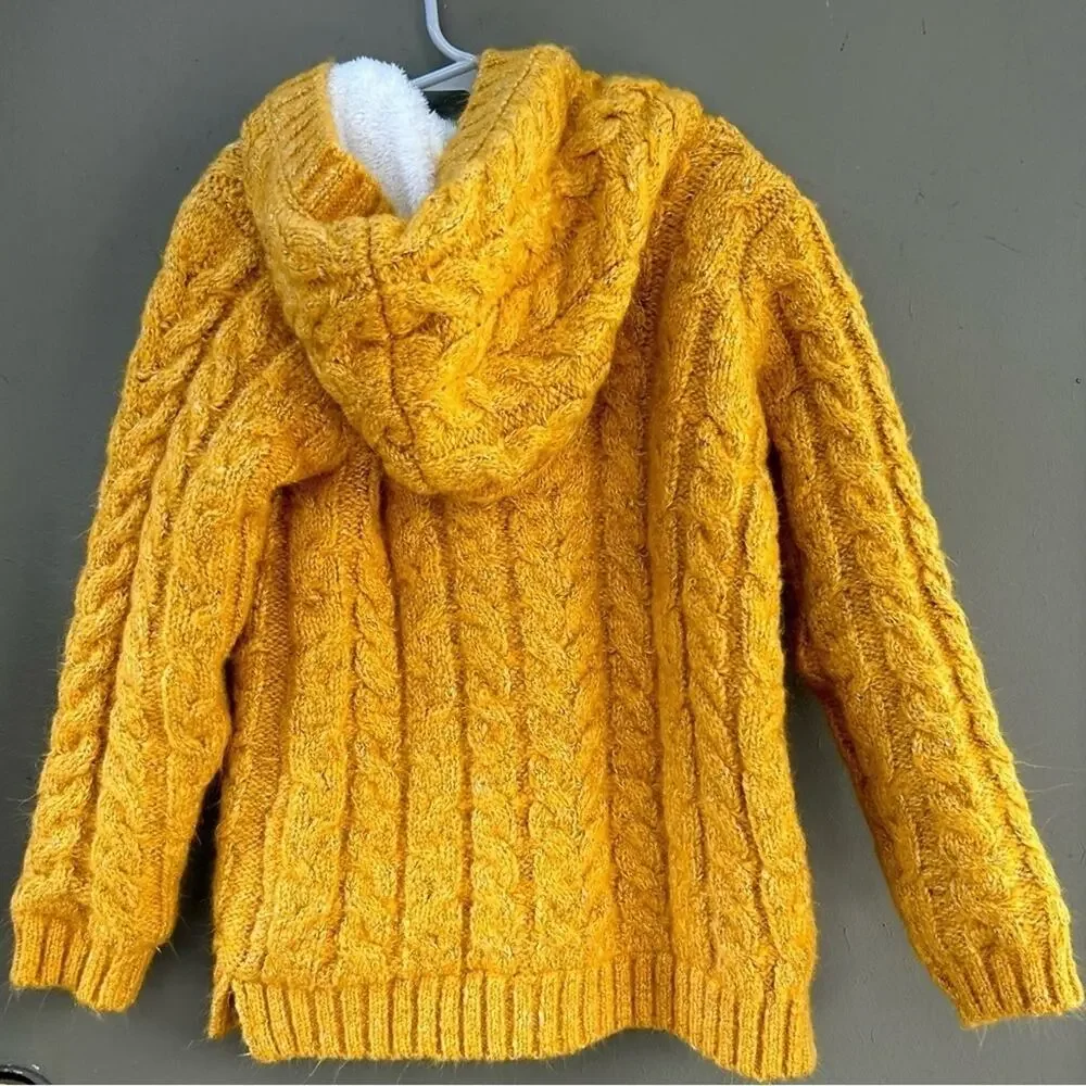 Boboli Kid’s Yellow Cable Knit Button Down Hoodie, Faux Fur Lining Size 8yrs NWT